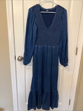 Deep Blue Smocked V-Neck Maxi Dress